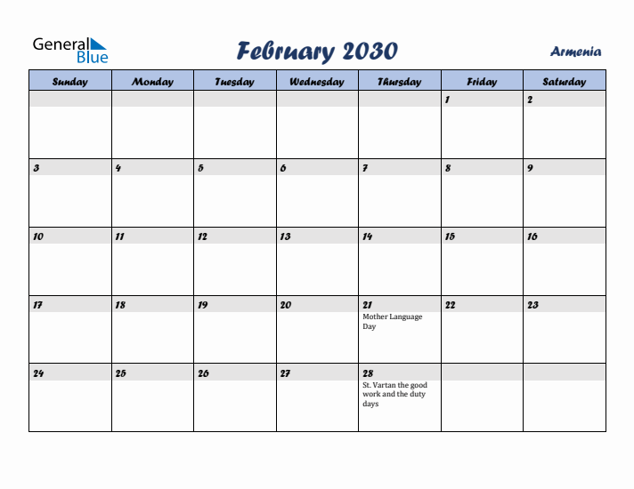 February 2030 Calendar with Holidays in Armenia