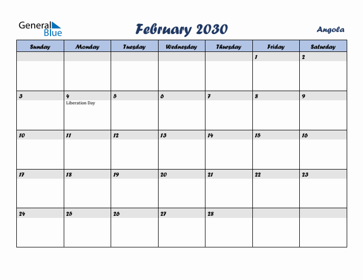February 2030 Calendar with Holidays in Angola