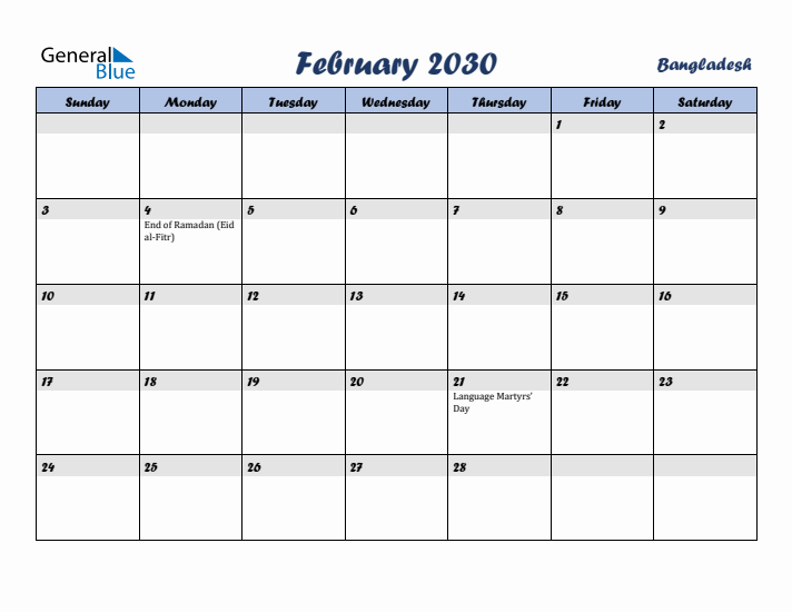 February 2030 Calendar with Holidays in Bangladesh