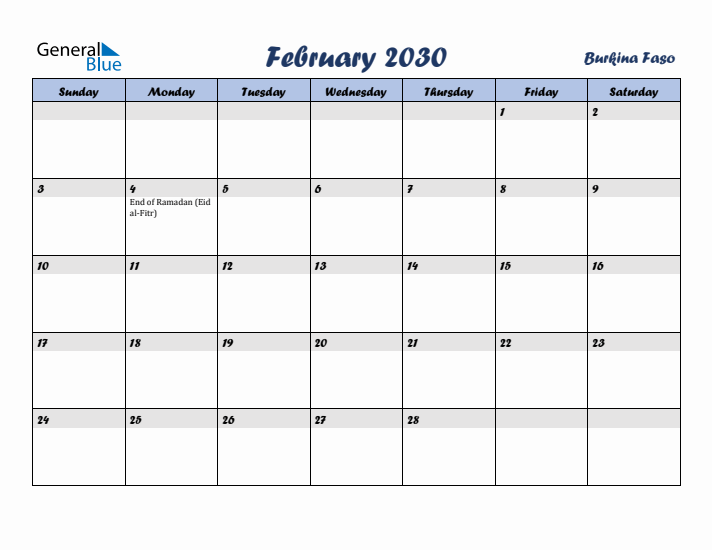 February 2030 Calendar with Holidays in Burkina Faso