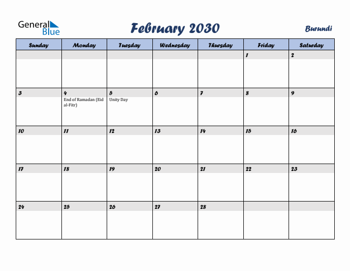 February 2030 Calendar with Holidays in Burundi