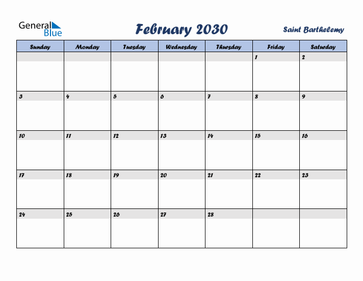 February 2030 Calendar with Holidays in Saint Barthelemy