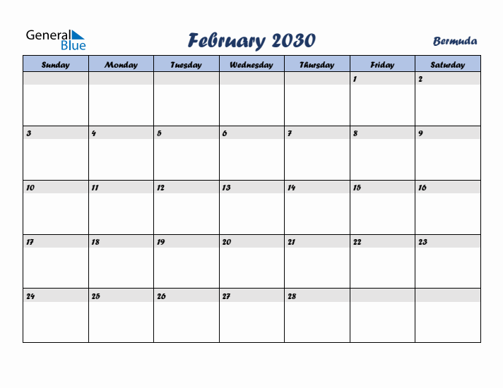 February 2030 Calendar with Holidays in Bermuda