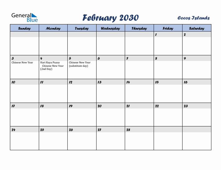 February 2030 Calendar with Holidays in Cocos Islands