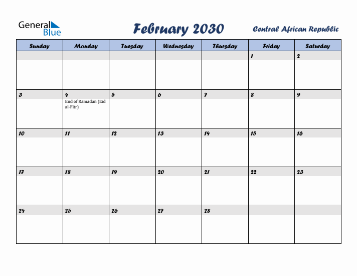 February 2030 Calendar with Holidays in Central African Republic