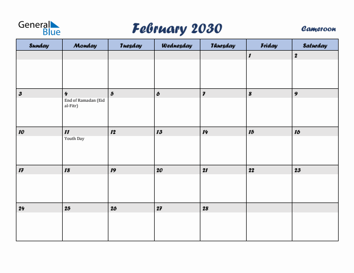 February 2030 Calendar with Holidays in Cameroon