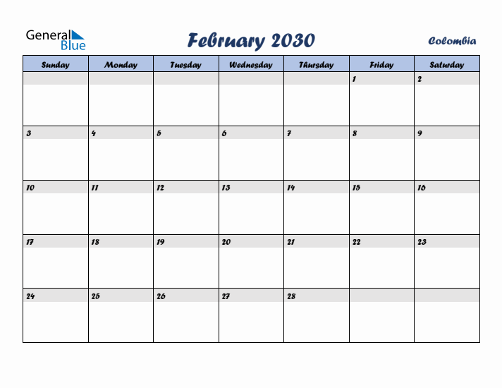 February 2030 Calendar with Holidays in Colombia