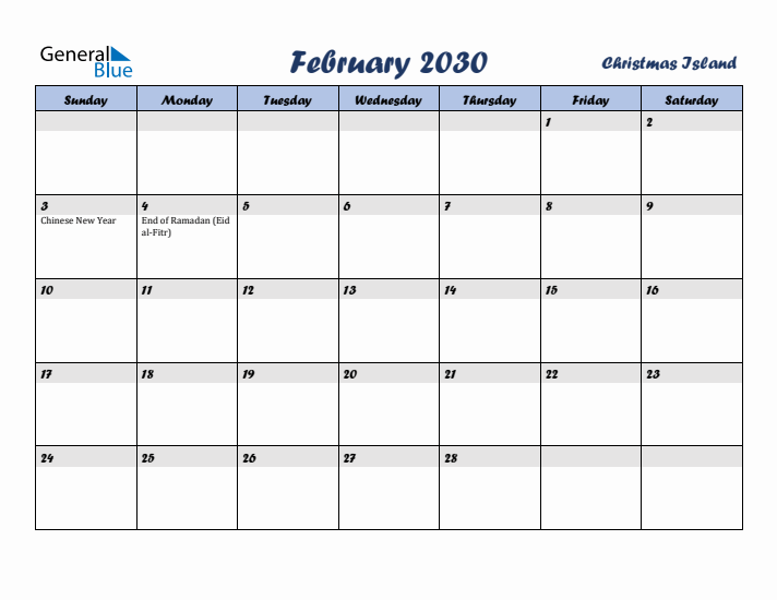 February 2030 Calendar with Holidays in Christmas Island