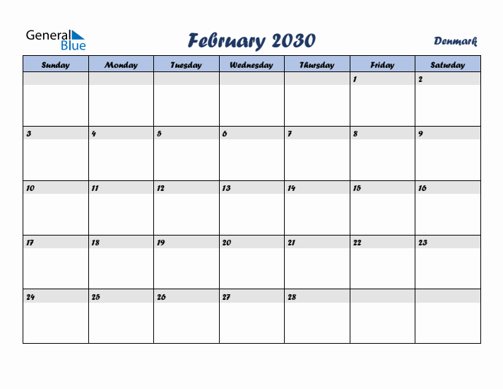 February 2030 Calendar with Holidays in Denmark