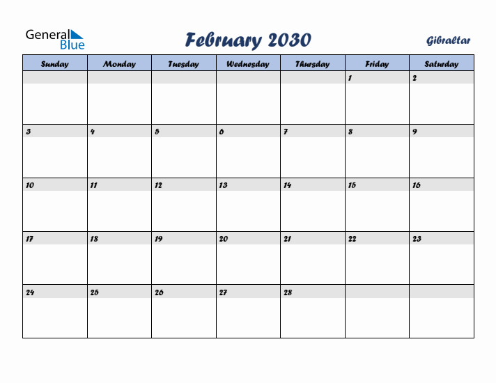February 2030 Calendar with Holidays in Gibraltar