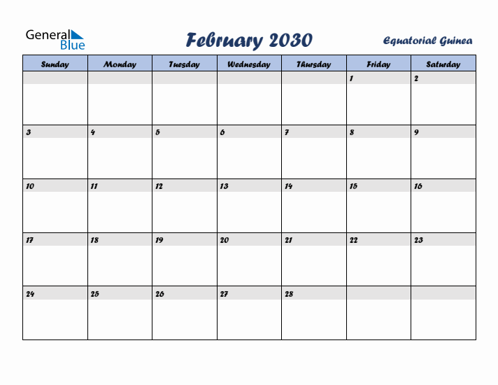 February 2030 Calendar with Holidays in Equatorial Guinea