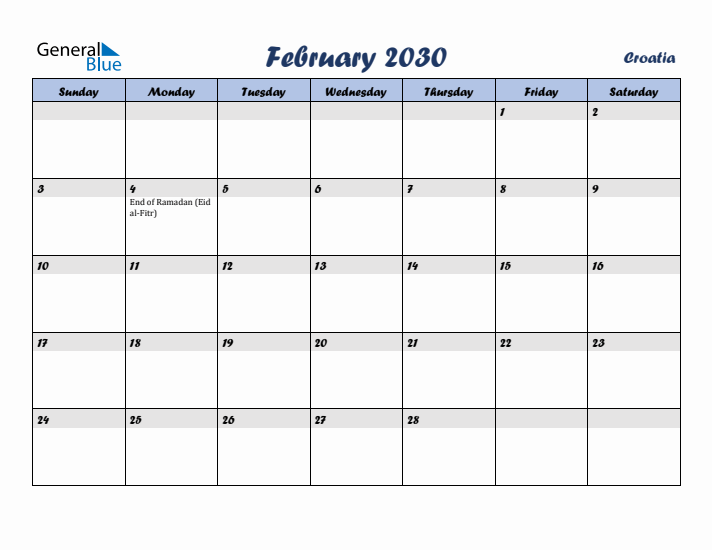 February 2030 Calendar with Holidays in Croatia