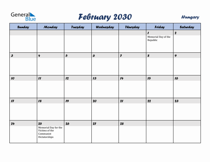 February 2030 Calendar with Holidays in Hungary