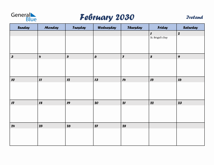 February 2030 Calendar with Holidays in Ireland