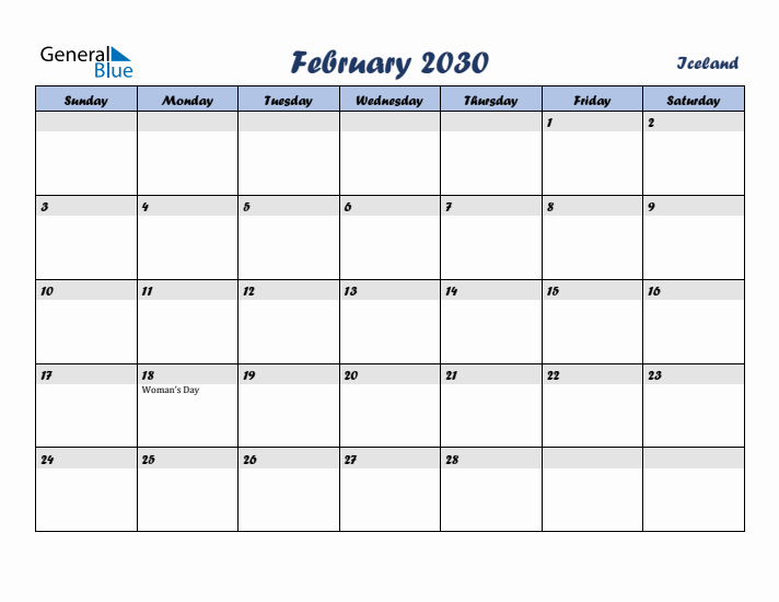 February 2030 Calendar with Holidays in Iceland