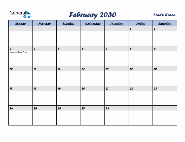 February 2030 Calendar with Holidays in South Korea
