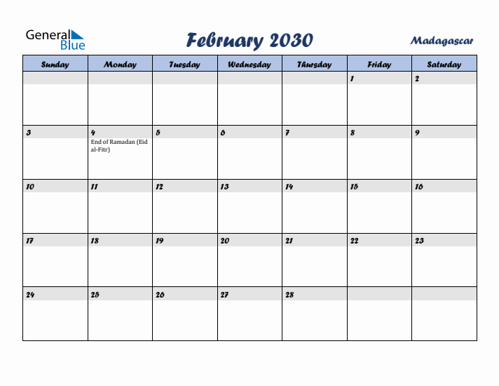 February 2030 Calendar with Holidays in Madagascar