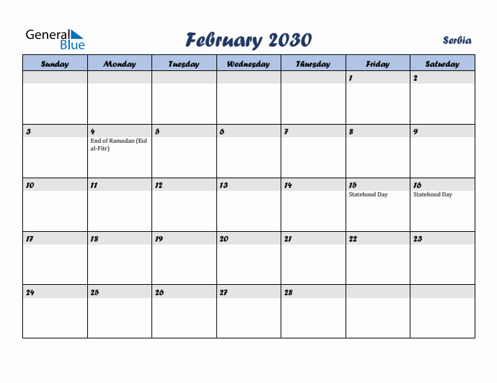 February 2030 Calendar with Holidays in Serbia