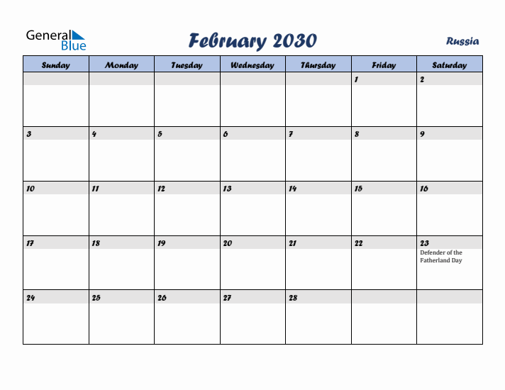 February 2030 Calendar with Holidays in Russia