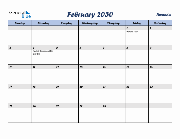 February 2030 Calendar with Holidays in Rwanda