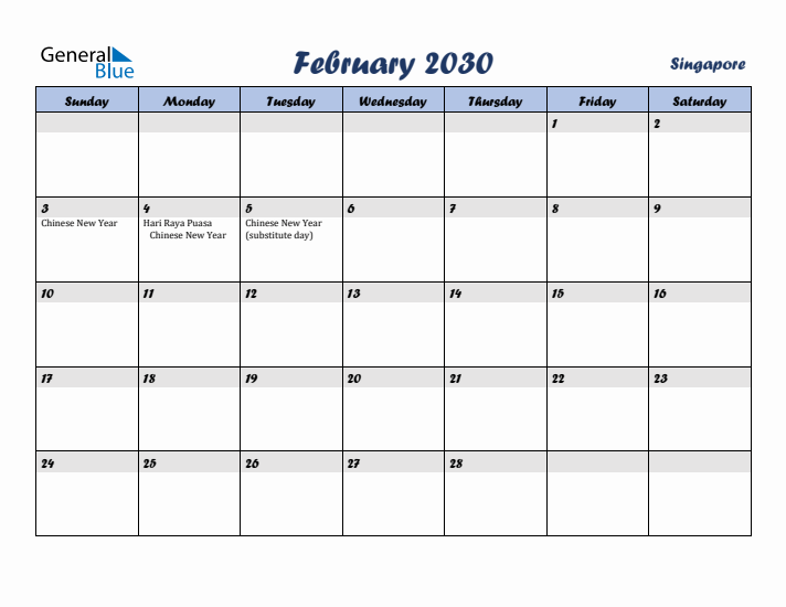 February 2030 Calendar with Holidays in Singapore