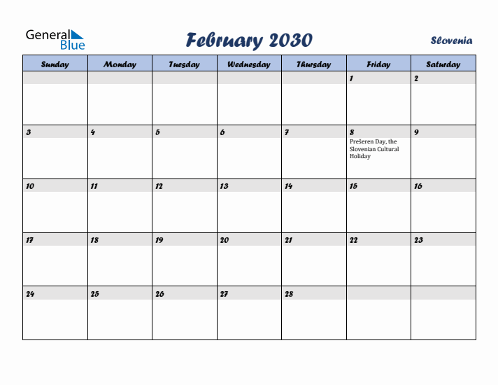 February 2030 Calendar with Holidays in Slovenia