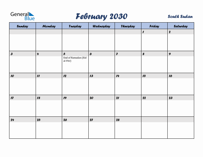 February 2030 Calendar with Holidays in South Sudan