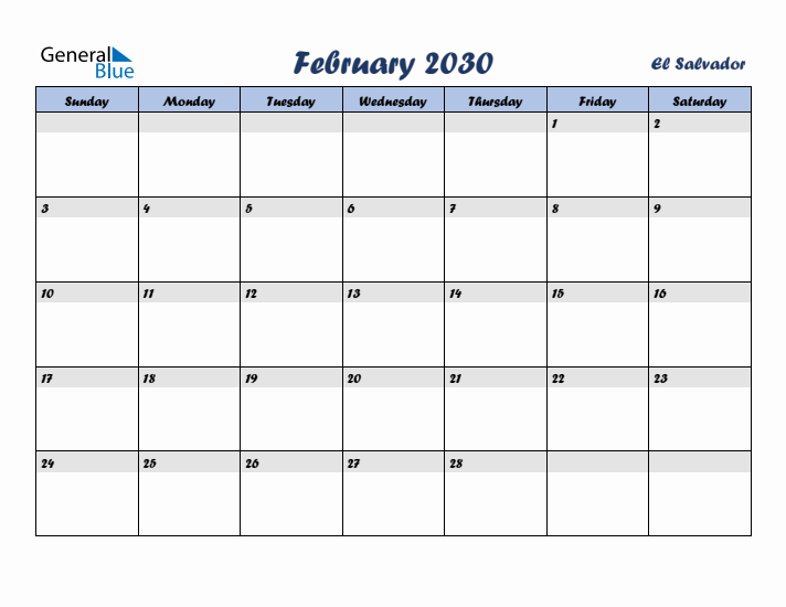 February 2030 Calendar with Holidays in El Salvador
