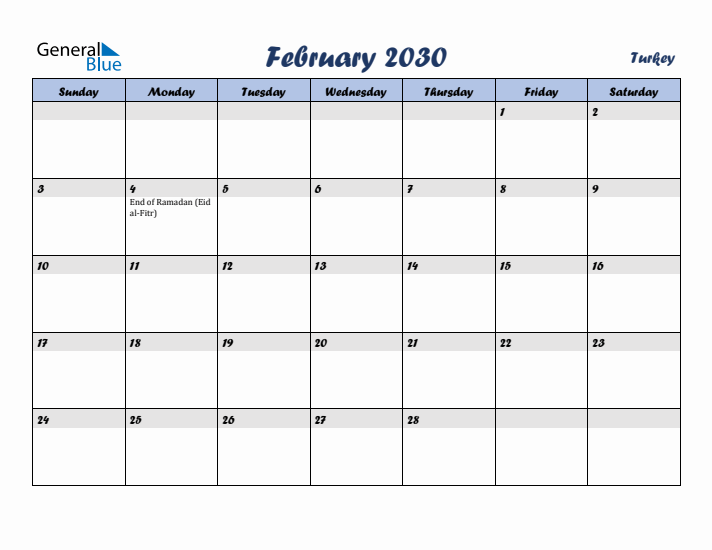 February 2030 Calendar with Holidays in Turkey