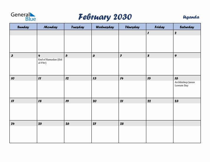 February 2030 Calendar with Holidays in Uganda