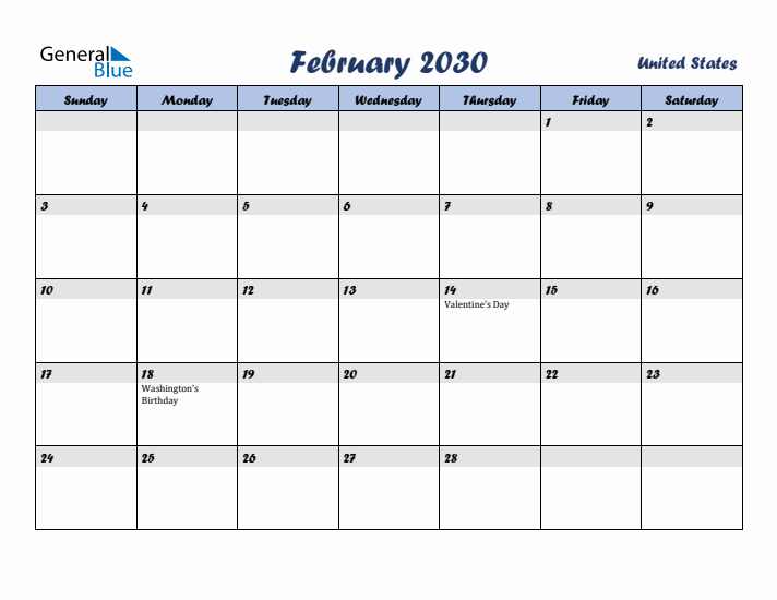 February 2030 Calendar with Holidays in United States