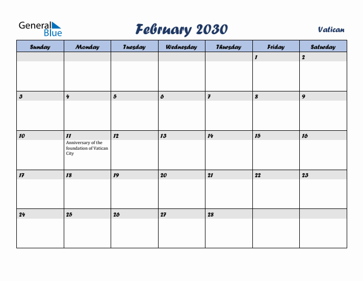 February 2030 Calendar with Holidays in Vatican