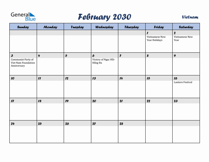 February 2030 Calendar with Holidays in Vietnam