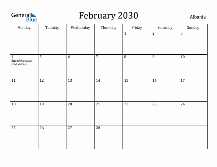 February 2030 Calendar Albania