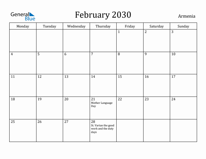 February 2030 Calendar Armenia