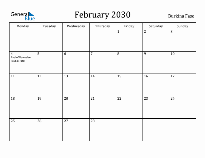 February 2030 Calendar Burkina Faso
