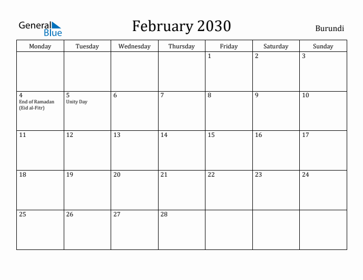 February 2030 Calendar Burundi