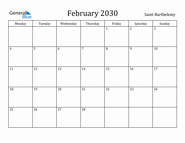 February 2030 Calendar Saint Barthelemy