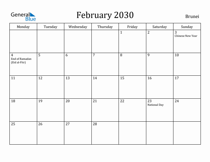 February 2030 Calendar Brunei