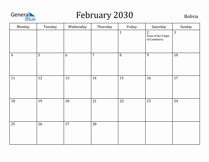 February 2030 Calendar Bolivia