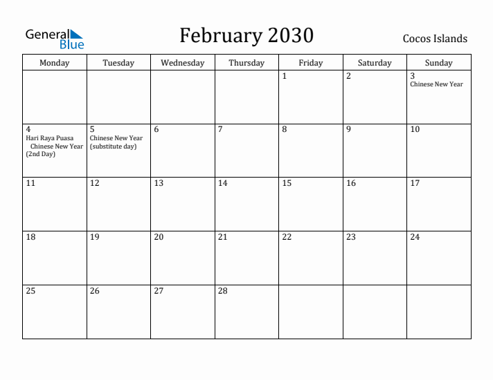 February 2030 Calendar Cocos Islands