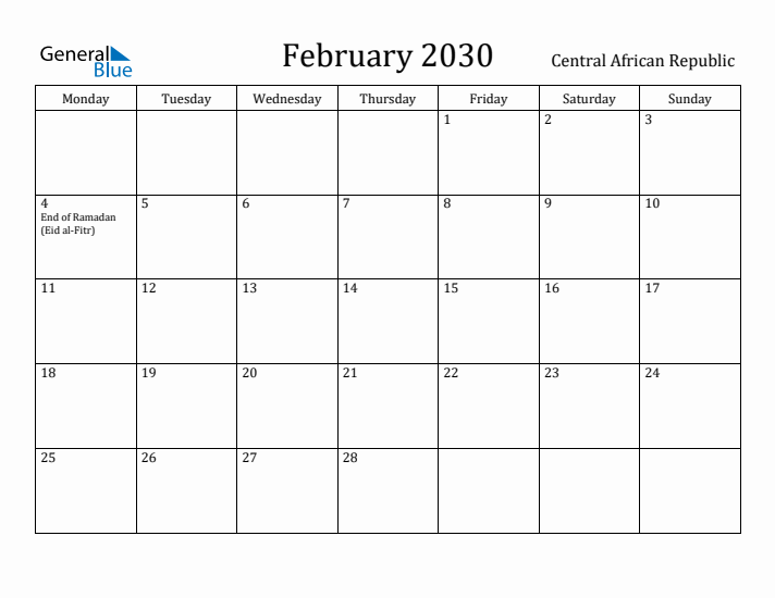 February 2030 Calendar Central African Republic