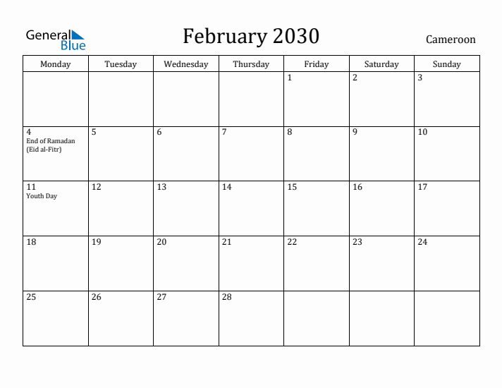 February 2030 Calendar Cameroon