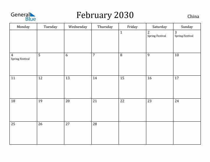 February 2030 Calendar China