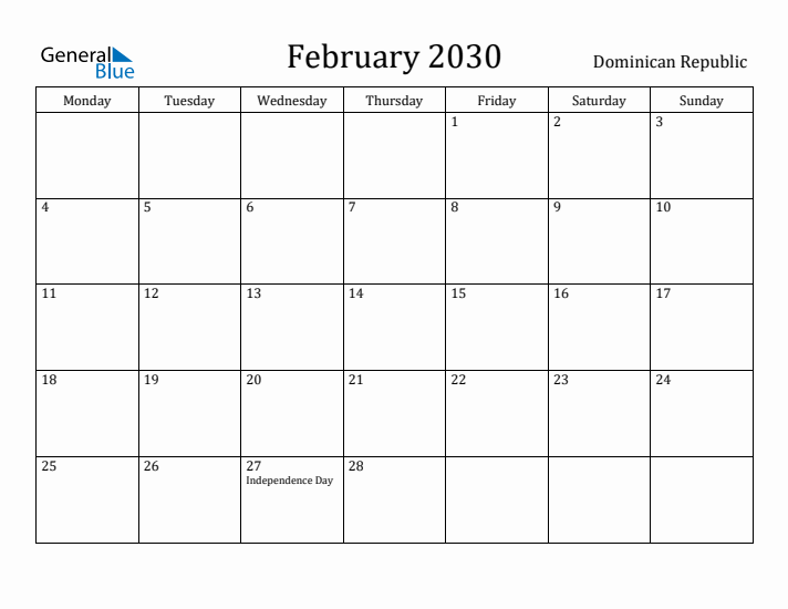 February 2030 Calendar Dominican Republic