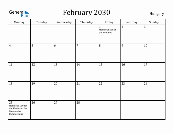 February 2030 Calendar Hungary