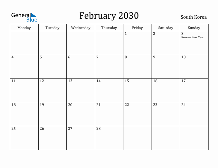 February 2030 Calendar South Korea