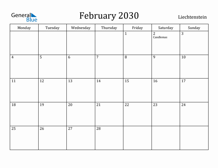February 2030 Calendar Liechtenstein