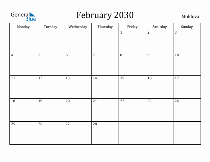 February 2030 Calendar Moldova