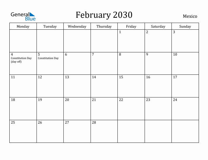 February 2030 Calendar Mexico